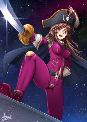 Rule 34 | 1girl, :d, adsouto, black hat, blue eyes, bodysuit, breasts, breasts apart, brown hair, cleft of venus, covered navel, epaulettes, floating hair, from below, hair between eyes, hand on own hip, hat, hat feather, highres, holding, holding sword, holding weapon, katou marika, long hair, looking at viewer, medium breasts, miniskirt pirates, open mouth, pirate hat, purple bodysuit, saber (weapon), shiny clothes, signature, skin tight, smile, solo, sword, v-shaped eyebrows, weapon