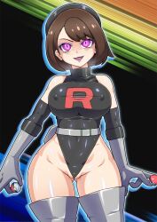 Rule 34 | 1girl, adapted costume, alternate costume, black leotard, breast press, breasts, brown hair, corruption, covered erect nipples, creatures (company), curvy, game freak, gloria (pokemon), gloves, glowing, glowing eyes, hat, heavy breathing, highleg, highleg leotard, highres, holding, holding poke ball, hypnosis, large breasts, latex, legs together, leotard, lips, mind control, nintendo, nipples, no0o0n0o0on, partially visible vulva, pink eyes, poke ball, pokemon, pokemon swsh, revealing clothes, shiny clothes, shiny skin, short hair, skin tight, smile, solo, team rocket, team rocket uniform, thick thighs, thighhighs, thighs, wide hips