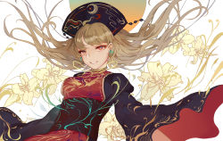 Rule 34 | 1girl, animal print, bird print, black dress, black hat, blonde hair, chinese clothes, commentary request, crescent, crescent print, dress, earrings, flower, hat, jewelry, junko (touhou), lily (flower), long hair, looking at viewer, obi, parted lips, red eyes, reeh (yukuri130), sash, smile, solo, tabard, touhou, upper body, white background, wide sleeves, yellow flower