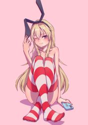 Rule 34 | 1boy, ;3, absurdres, black hairband, black ribbon, blonde hair, blush, cellphone, closed mouth, collarbone, crossed ankles, hair ribbon, hairband, hej (mugmnm51), hej (pixiv13035031), highres, holding, holding phone, kantai collection, knees up, long hair, looking at viewer, nude, one eye closed, phone, pink background, pov, purple eyes, red thighhighs, ribbon, shimakaze-kun, shimakaze (kancolle), sidelocks, simple background, sitting, smartphone, striped clothes, striped thighhighs, thighhighs, trap, very long hair
