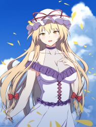 Rule 34 | 1girl, absurdres, alternate costume, bare shoulders, blonde hair, blue sky, bow, breasts, cleavage, cloud, collarbone, commentary, dress, furai art, hair bow, hand on own chest, hat, hat ribbon, highres, large breasts, long hair, looking at viewer, low-tied long hair, mob cap, open mouth, outdoors, red bow, red ribbon, ribbon, sky, solo, touhou, white dress, white hat, yakumo yukari, yellow eyes