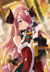 Rule 34 | 1girl, bare shoulders, black bow, black gloves, blurry, blurry background, bow, box, braid, crown braid, curled horns, depth of field, detached sleeves, draph, dress, fur-trimmed sleeves, fur trim, gift, gift box, gloves, granblue fantasy, green eyes, hair bow, hair over one eye, half gloves, highres, holding, holding gift, horns, long hair, long sleeves, looking at viewer, narmaya (granblue fantasy), narmaya (holiday) (granblue fantasy), parted lips, pink hair, plaid, red dress, red sleeves, shiao, sleeveless, sleeveless dress, smile, snowing, snowman hair ornament, solo, very long hair, wide sleeves