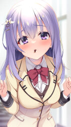 Rule 34 | 1girl, aria (koiiroharemoyou), blurry, blurry background, blush, bow, bowtie, breasts, brown vest, collared shirt, commentary, embarrassed, eyelashes, food in mouth, frown, furrowed brow, hair between eyes, hair ornament, hairclip, hands up, head tilt, highres, incoming pocky kiss, indoors, ise kotori, jacket, large breasts, light purple hair, lips, long hair, long sleeves, looking at viewer, paid reward available, parted lips, pocky, pocky in mouth, pov, purple eyes, red bow, red bowtie, riddle joker, school uniform, shirt, sidelocks, solo, sweat, upper body, valentine, variant set, vest, white shirt, wing hair ornament, yellow jacket