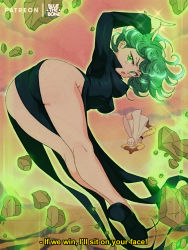 Rule 34 | 1girl, ass, aura, bent, black dress, black footwear, bluethebone, breasts, commentary, dress, english commentary, floating rock, from behind, glowing, green eyes, green hair, highres, impossible clothes, impossible dress, kneepits, legs, long sleeves, looking at viewer, looking back, man), medium breasts, no panties, one-punch man, open mouth, over, paid reward available, retro artstyle, saitama (one-punch, shoes, side slit, solo focus, sparkle, tatsumaki