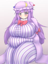 Rule 34 | 1girl, bad id, bad pixiv id, big belly, blush, breast rest, breasts, crescent, dress, expressionless, fat, guroo (shine119), hat, highres, huge breasts, long hair, looking at viewer, mob cap, obese, patchouli knowledge, purple eyes, purple hair, solo, thick thighs, thighs, touhou