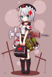 Rule 34 | 1girl, ahoge, aqua eyes, belt, black footwear, blood, blood bag, blush, boots, carrying, choker, commentary request, cross, full body, gas mask, hat, highres, inon, iron cross, looking at viewer, mask, nurse cap, original, pleated skirt, pouch, short hair, short sleeves, silver hair, skirt, solo, standing, syringe