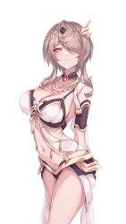 Rule 34 | absurdres, arms behind back, breasts, brown hair, circlet, cleavage, closed mouth, collarbone, cowboy shot, hair over one eye, highres, honkai (series), honkai impact 3rd, jewelry, large breasts, looking at viewer, navel, necklace, purple eyes, revealing clothes, rita rossweisse, rita rossweisse (spina astera), ruo zhishi chu jian, short hair with long locks, sidelocks, simple background, smile, stomach, waist cape, white background