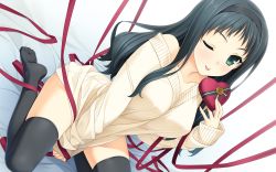 Rule 34 | 1girl, ;p, bare shoulders, berry&#039;s, black hair, black thighhighs, breasts, candy, chocolate, chocolate heart, clothes tug, collarbone, dutch angle, food, green eyes, hairband, hashimoto takashi, heart, highres, long hair, looking at viewer, makinosawa ena, one eye closed, sitting, sleeves past wrists, solo, sweater, sweater tug, thighhighs, tongue, tongue out, valentine, wariza