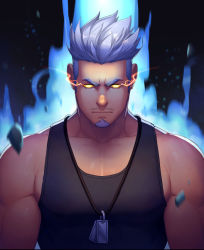 Rule 34 | 1boy, artist request, aura, bad source, bara, biceps, facial hair, frown, glowing, glowing eyes, grey hair, gyee, jewelry, looking at viewer, male focus, mature male, miles (gyee), muscular, muscular male, necklace, official art, solo, spiked hair, stubble, tank top, undercut, upper body, yellow eyes