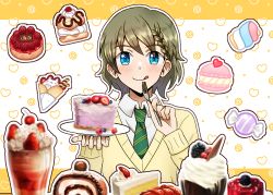 Rule 34 | 1boy, bey0825, blue eyes, braid, brown hair, candy, collared shirt, fingernails, food, fork, fruit, holding, holding fork, holding plate, idolmaster, idolmaster side-m, long sleeves, looking at viewer, male focus, necktie, plate, shirt, strawberry, tongue, tongue out, uzuki makio
