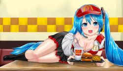 Rule 34 | 00s, 1girl, aqua eyes, aqua hair, blush, bra, breasts, cleavage, downblouse, drink, female focus, food, french fries, full body, burger, hat, hatsune miku, holding, holding tray, indoors, kazu-chan, large breasts, lingerie, long hair, looking at viewer, lying, matching hair/eyes, mcdonald&#039;s, off shoulder, on side, open mouth, pink bra, shoes, smile, solo, strap slip, thighhighs, tray, twintails, underwear, uniform, vocaloid