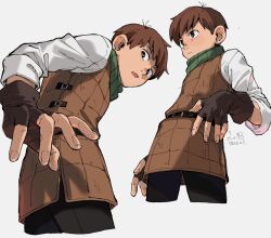 Rule 34 | 1boy, armor, black gloves, brown eyes, brown hair, chilchuck tims, closed mouth, cropped jacket, dungeon meshi, fingerless gloves, gloves, grey background, halfling, highres, leather armor, long sleeves, male focus, multiple views, neck warmer, open mouth, shirt, simple background, translation request, wahootarou, white shirt