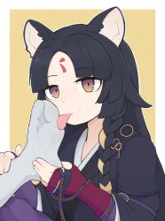 Rule 34 | 1girl, 1other, animal ear fluff, animal ears, arknights, beads, black hair, border, braid, braided sidelock, brown eyes, dog ears, dog girl, facial mark, feet, forehead mark, grey socks, licking, licking own foot, looking at viewer, no shoes, out of frame, parted bangs, prayer beads, purple eyes, saga (arknights), side braid, simple background, socks, softhanten, soles, solo focus, toes, tongue, tongue out, two-tone eyes, upper body, white border