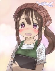 1girl :d apron artist_name blush brown_hair commentary_request dated green_apron headscarf holding holding_tray kuchibeta_shokudou kuchinashi_hiyono long_hair looking_at_viewer open_mouth ponytail purple_eyes second-party_source shirt short_sleeves sidelocks smile solo striped_clothes striped_shirt sweat t-shirt teeth tenugui tray tsukushi_akihito upper_body upper_teeth_only waitress white_shirt