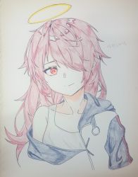Rule 34 | 1girl, arknights, bad id, bad pixiv id, bare shoulders, closed mouth, collarbone, cropped torso, exusiai (arknights), hair over one eye, halo, jacket, korean text, kuki panda (wkdwnsgk13), long hair, off shoulder, photo (medium), pink hair, red eyes, smile, solo, tank top, traditional media, upper body, white jacket, white tank top