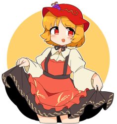 Rule 34 | 1girl, :d, aki minoriko, apron, black skirt, blonde hair, cowboy shot, cropped legs, food, fruit, grapes, holding, holding clothes, holding skirt, ini (inunabe00), long sleeves, looking at viewer, open mouth, red apron, red eyes, red headwear, short hair, skirt, smile, solo, standing, touhou, wheat print, white background, wide sleeves, yellow background