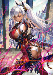 Rule 34 | 1girl, ass, breasts, closed mouth, dark-skinned female, dark elf, dark skin, dual wielding, elf, from side, gauntlets, hair ornament, highres, holding, holding sword, holding weapon, large breasts, long hair, looking at viewer, original, pointy ears, ponytail, ran&#039;ou (tamago no kimi), red eyes, smile, solo, swept bangs, sword, weapon, white hair