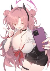 Rule 34 | 1girl, black choker, black skirt, blue archive, blush, breasts, cellphone, choker, cleavage, collared shirt, cowboy shot, double bun, fake horns, fang, fingernails, hair bun, halo, highres, holding, holding phone, horns, kildir, kirara (blue archive), large breasts, long hair, looking at viewer, nail polish, one eye closed, open mouth, phone, pink hair, pink halo, pink nails, red eyes, shirt, short sleeves, simple background, skirt, smartphone, smile, solo, thigh strap, v, white background, white shirt