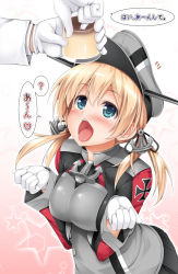 Rule 34 | 10s, 1girl, anchor hair ornament, aqua eyes, blonde hair, blush, breasts, cross, food, gloves, hair ornament, hat, highres, iron cross, kadokawa shoten, kantai collection, kokutou (kazuakifca), large breasts, long hair, long sleeves, looking up, military, military uniform, open mouth, peaked cap, prinz eugen (kancolle), pudding, sexually suggestive, skirt, smile, solo focus, tongue, tongue out, translation request, twintails, uniform, white gloves