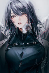 Rule 34 | 1girl, black hair, black shirt, breasts, brown eyes, chest harness, chief (path to nowhere), coat, collared shirt, female chief (path to nowhere), hair between eyes, harness, highres, jacket, jewelry, large breasts, long hair, looking at viewer, miemia, open mouth, parted lips, path to nowhere, shirt, signature, solo, upper body