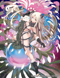 Rule 34 | 1girl, ass, black gloves, blonde hair, blue eyes, breasts, cleavage, company name, copyright notice, curled horns, fingerless gloves, flower, fur trim, gloves, green eyes, heterochromia, highres, horns, long hair, looking at viewer, medium breasts, official art, parted lips, revealing clothes, solo, toeless footwear, tokiti, umr (wixoss), wixoss