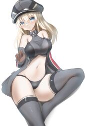 Rule 34 | 1girl, armor, bismarck (kancolle), black panties, blonde hair, blue eyes, breastplate, breasts, detached sleeves, grey thighhighs, hat, highres, kantai collection, looking at viewer, medium breasts, military hat, military uniform, one-hour drawing challenge, open clothes, panties, peaked cap, redundant-cat, simple background, solo, thighhighs, underwear, uniform, white background