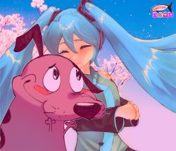 Rule 34 | 1girl, ^ ^, aqua shirt, artist name, bare shoulders, black eyes, black sleeves, blue background, blue hair, blue necktie, blue sky, blush, blush stickers, breasts, cherry blossoms, closed eyes, closed mouth, courage (character), courage the cowardly dog, crossover, day, detached sleeves, dog, falling petals, female focus, gradient background, hair between eyes, hair ornament, hands up, happy, hatsune miku, highres, kineelaw, light blush, long hair, looking at another, looking to the side, necktie, number tattoo, outdoors, outline, own hands together, petals, shirt, shoulder tattoo, sidelocks, sky, sleeveless, sleeveless shirt, small breasts, smile, standing, tattoo, tie clip, tree, twintails, upper body, vocaloid, watermark, white outline