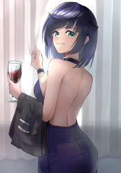 Rule 34 | 1girl, absurdres, alcohol, art rat, backless dress, backless outfit, bare back, bare shoulders, blue dress, blue eyes, blunt bangs, breasts, commentary, cup, cupping glass, curtains, dress, genshin impact, grin, highres, holding, holding cup, indoors, looking at viewer, medium breasts, purple hair, short hair, smile, solo, upper body, wine, yelan (genshin impact)