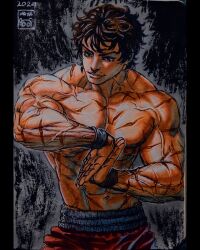 Rule 34 | 1boy, abs, bara, black hair, cowboy shot, grappler baki, hanma baki, highres, large pectorals, lips, male focus, maya panda, medium request, muscular, muscular male, navel, nipples, pants, pectorals, photo (medium), scar, scars all over, shredded muscles, smile, solo, standing, stomach, stretching, thick eyebrows, too many, tsurime, v-taper, veins, veiny arms, wavy hair
