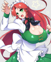 Rule 34 | 1girl, apron, black bow, bow, bowtie, braid, breasts, highres, hong meiling, large breasts, long sleeves, maid, maid apron, maid headdress, norori, touhou, twin braids
