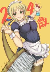 Rule 34 | 1girl, apron, artoria pendragon (all), artoria pendragon (fate), black thighhighs, blonde hair, blush, broom, fate/zero, fate (series), green eyes, kosuke haruhito, looking at viewer, maid, maid apron, maid headdress, official alternate costume, open mouth, saber (fate), solo, thighhighs