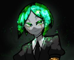 Rule 34 | 1other, black necktie, centurii-chan (artist), closed mouth, colored eyelashes, commentary, crying, crying with eyes open, crystal hair, english commentary, gem uniform (houseki no kuni), green eyes, green hair, highres, houseki no kuni, looking at viewer, necktie, phosphophyllite, short hair, smile, solo, tears