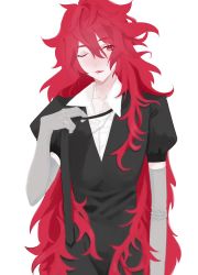 Rule 34 | 1other, androgynous, colored eyelashes, elbow gloves, gem uniform (houseki no kuni), gloves, highres, houseki no kuni, long hair, looking at viewer, necktie, one eye closed, open collar, padparadscha (houseki no kuni), red eyes, red hair, solo, upper body, very long hair, wavy hair, white background