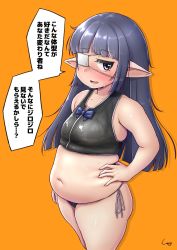 Rule 34 | 1girl, belly, blue bow, blue hair, blunt bangs, blush, bow, breasts, character request, commentary request, copyright request, crop top, dot nose, eyepatch, feet out of frame, granblue fantasy, hand on own hip, harvin, highres, jitome, long hair, looking to the side, lunalu (granblue fantasy), navel, open mouth, orange background, panties, plump, pointy ears, purple eyes, shadow, shigekikkusu, side-tie panties, sidelocks, signature, simple background, sleeveless, small breasts, solo, speech bubble, straight hair, sweat, talking, thick arms, thick thighs, thighs, translation request, underwear
