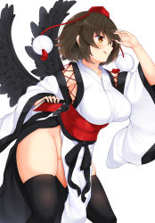 Rule 34 | 1girl, arm up, black thighhighs, black wings, book, breasts, brown eyes, brown hair, commentary request, daichi (tokoya), detached sleeves, feathered wings, hat, highres, holding, holding book, kourindou tengu costume, large breasts, leaning forward, licking lips, no panties, notebook, obi, pom pom (clothes), red hat, sash, shameimaru aya, simple background, skindentation, smile, solo, standing, thighhighs, tokin hat, tongue, tongue out, touhou, white background, wide sleeves, wings