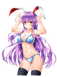 Rule 34 | 1girl, animal ears, arms up, bare arms, bare shoulders, bikini, black thighhighs, blue bikini, breasts, cleavage, closed mouth, collarbone, commentary request, floral print, gluteal fold, hair between eyes, highres, kamiya tomoe, long hair, medium breasts, navel, print bikini, purple hair, rabbit ears, red eyes, reisen udongein inaba, smile, solo, swimsuit, thighhighs, touhou, very long hair, ||/