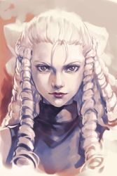 Rule 34 | 1girl, antenna hair, blonde hair, capcom, closed mouth, drill hair, hair pulled back, hungry clicker, kanzuki karin, lipstick, long hair, looking at viewer, makeup, ringlets, simple background, solo, street fighter, street fighter zero (series), turtleneck