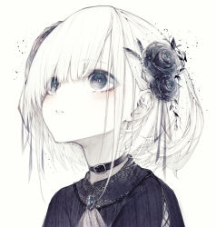 Rule 34 | 1girl, absurdres, ascot, black choker, black flower, black rose, blush, brooch, choker, collar, eyes visible through hair, flower, grey eyes, hair between eyes, hair flower, hair ornament, hair over one eye, highres, hito komoru, jewelry, lace, looking up, open mouth, original, portrait, rose, short hair, simple background, solo, white ascot, white background, white hair