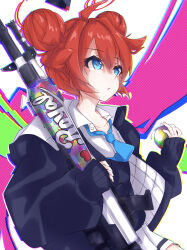 Rule 34 | 1girl, ahoge, blue archive, blue eyes, blue necktie, blue sweater vest, collarbone, double bun, general dynamics lwmmg, hair bun, halo, highres, holding, holding weapon, hood, hooded jacket, jacket, long sleeves, looking afar, maki (blue archive), necktie, parted lips, red hair, shirt, short hair, sidelocks, solo, sukuuro, sweater vest, weapon, white shirt