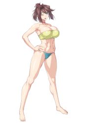 Rule 34 | 1girl, aqua panties, bare legs, bare shoulders, barefoot, blue eyes, breasts, brown hair, choker, cleavage, hand on own hip, highres, large breasts, looking at viewer, mazaki anzu, medium hair, midriff, navel, one eye closed, open mouth, ozaneko, panties, pink choker, ponytail, shirt, simple background, smile, solo, strapless, tube top, underwear, white background, yellow shirt, yu-gi-oh!, yu-gi-oh! duel monsters, yu-gi-oh! the dark side of dimensions