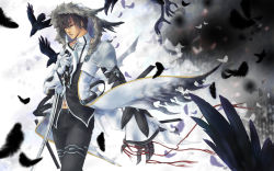 Rule 34 | 1boy, bird, black hair, black pants, blade master (elsword), claws, closed eyes, elsword, feathers, gloves, highres, hood, hoodie, male focus, name connection, navel, object namesake, pants, raven cronwell, ruaki, solo