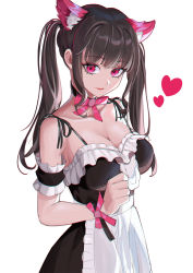 Rule 34 | 1girl, animal ear fluff, animal ears, apron, arm cuffs, bare shoulders, black dress, breasts, cat ears, cleavage, closed mouth, collarbone, commentary request, cowboy shot, dress, frilled dress, frills, grey hair, heart, henz, highres, large breasts, long hair, looking at viewer, neck ribbon, original, pink eyes, pink ribbon, red lips, ribbon, simple background, smile, solo, twintails, waist apron, white apron, white background