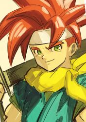Rule 34 | 1boy, chrono trigger, closed mouth, crono (chrono trigger), green eyes, headband, highres, holding, holding sword, holding weapon, looking at viewer, over shoulder, red hair, scarf, short hair, smile, solo, spiked hair, sword, waku (ayamix), weapon, weapon over shoulder, white headband, yellow scarf