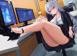 Rule 34 | 1girl, absurdres, aged up, aircell, ass, bare legs, black footwear, black jacket, black skirt, blush, bra, breasts, bronya zaychik, bronya zaychik (silverwing: n-ex), business suit, chair, cleavage, clothes lift, computer, desk, feet on table, feet together, feet up, formal, green panties, grey eyes, grey hair, high-waist skirt, high heels, highres, honkai (series), honkai impact 3rd, id card, indoors, jacket, lanyard, large breasts, legs, legs on table, long hair, long legs, looking at viewer, miniskirt, monitor, office, office chair, office lady, on chair, open clothes, open jacket, panties, pleated skirt, ponytail, sitting, skirt, skirt lift, smile, solo, suit, sweater, swivel chair, table, thighs, thong, underwear, upskirt, white bra, white sweater