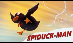 Rule 34 | animal, animal print, bird, character name, duck, full body, highres, letterboxed, looking at viewer, mafiaduck (nilan), marvel, nilan 1999, no humans, orange background, original, solo, spider-man, spider-man (series), spider print