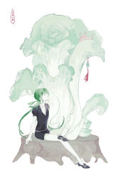 Rule 34 | 1other, absurdres, arm support, bare legs, black footwear, black necktie, creature, crystal, from side, gem uniform (houseki no kuni), green hair, green nails, hair rings, highres, houseki no kuni, jade (gemstone), jade (houseki no kuni), looking at another, looking away, looking up, low twintails, necktie, o-ring, other focus, pale skin, profile, puffy short sleeves, puffy sleeves, shoe soles, shoes, short sleeves, simple background, sitting, solo focus, sunfish263, tassel, tree stump, twintails, ventricosus, white background, yaopei