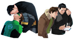 Rule 34 | 2boys, absurdres, bara, batman, batman (series), black bodysuit, black cape, black hair, blush, bodysuit, brown hair, brown jacket, bruce wayne, cape, closed eyes, closed mouth, couple, dc comics, domino mask, fur-trimmed jacket, fur trim, green bodysuit, green lantern, green lantern (series), grey bodysuit, hal jordan, haljordanmylove, highres, holding, holding phone, jacket, large pectorals, leather, leather jacket, looking at another, male focus, mask, multiple boys, muscular, muscular male, open clothes, open jacket, pectorals, phone, short hair, smile, superhero costume, teeth, two-tone bodysuit, yaoi