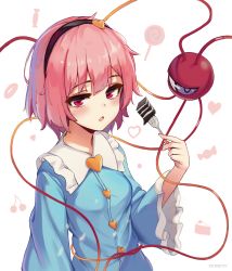 Rule 34 | absurdres, artist name, black hairband, blue shirt, candy, cherry, commentary, dethmaid, food, fork, fruit, hair ornament, hairband, heart, heart hair ornament, highres, holding, holding fork, komeiji satori, lollipop, long sleeves, looking at viewer, mixed-language commentary, open mouth, pink hair, red eyes, shirt, short hair, swirl lollipop, third eye, touhou, upper body, white background, wide sleeves, wrapped candy