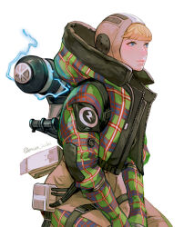 Rule 34 | 1girl, apex legends, blonde hair, blush, bodysuit, commentary, electricity, english commentary, gloves, green gloves, green jacket, hood, hood down, hood up, hooded bodysuit, hooded jacket, jacket, lightning bolt symbol, looking ahead, muraicchi (momocchi), plaid, plaid gloves, plaid jacket, sitting, smile, solo, twitter username, wattson (apex legends), white background