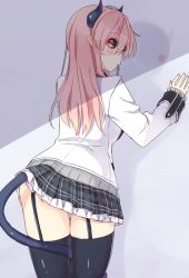 Rule 34 | 1girl, ass, black sclera, black thighhighs, blush, colored sclera, demon horns, demon tail, female focus, from behind, horns, long hair, looking back, nei (os), original, os (os fresa), pink hair, pointy ears, skirt, solo, tail, thigh gap, thighhighs